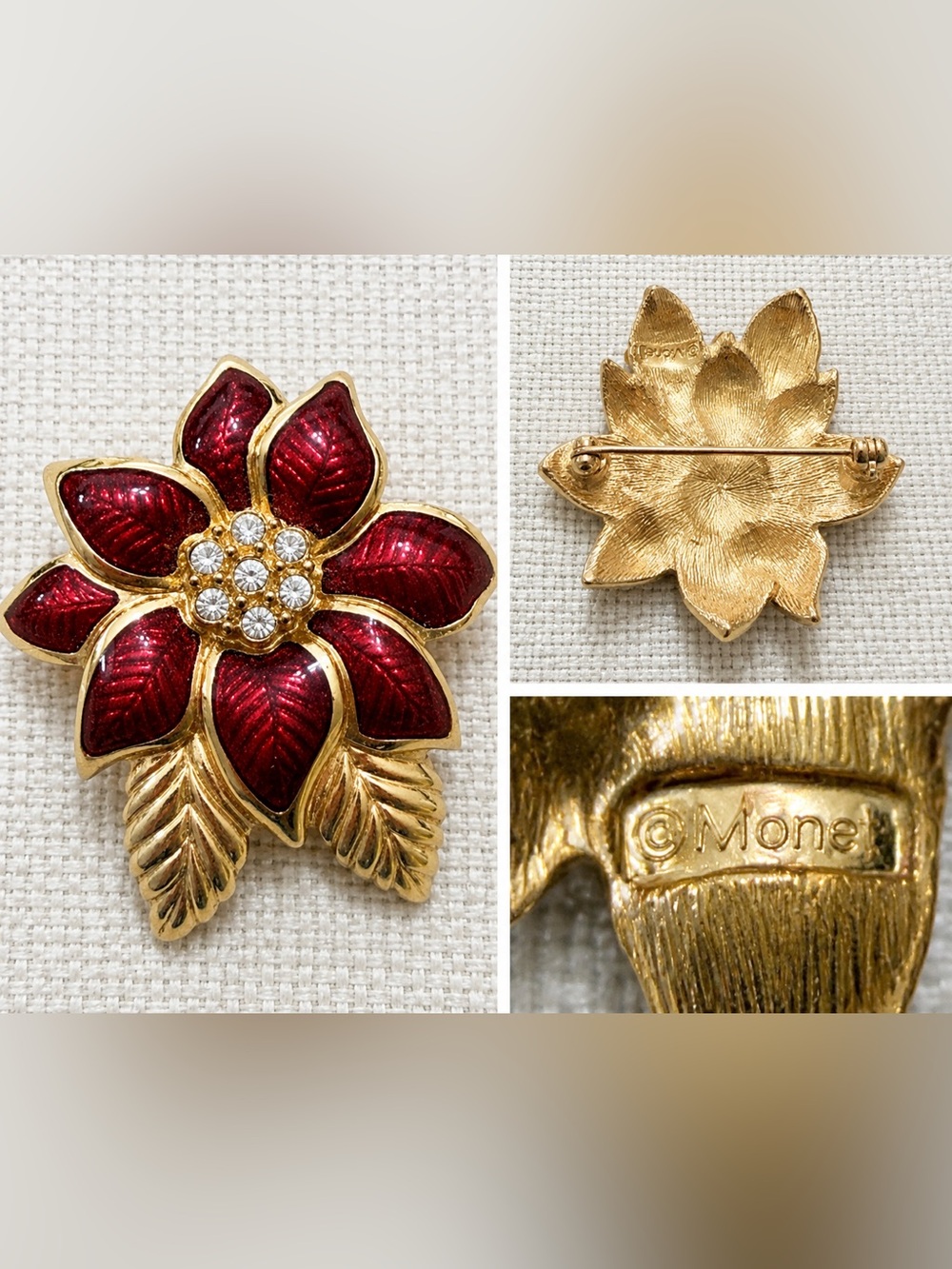Vintage Monet Red Enamel Poinsettia Brooch Gold Tone Rhinestone Signed
